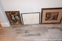 Lot of three framed vintage artworks: Victorian era couple, embroidered fish, and wedding scene.