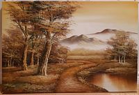 Full view of the signed oil on canvas landscape painting showing a road, river, and mountain scene with autumn trees.