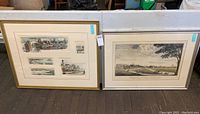 Two framed prints: one by D. Bell with several small sketches in one frame and one larger cityscape print by W. Neufeld