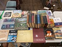 Books displayed on a table showing a mix of titles, colors, and sizes in hardcover format