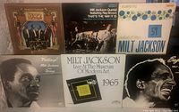Photo showing five vinyl records including Milt Jackson Bag's Bag, Live at the Museum of Modern Art 1965, Feelings, Milt Jackson Quintet featuring Ray Brown, and Ballads and Blues mono 1956.