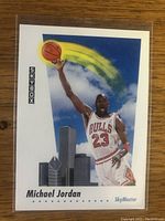 Front of 1992 Skybox Skymaster card showing Michael Jordan dunk artwork with Chicago skyline and Bulls jersey number 23.