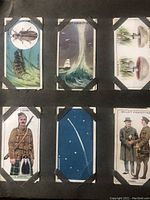 Close-up of vintage cigarette cards featuring insects, maritime scene, mushrooms, military figures, and constellation card showing the Plover's Hen and Norden Pole Star.
