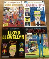 Four colorful Lloyd Llewellyn comic books arranged in a 2x2 grid showing front covers. Issues #1, #2, #3, and #5 on display, featuring distinct illustrated cover art and titles.