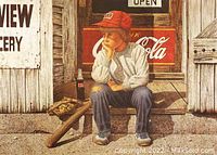 Close-up image of the artwork showing the young boy with baseball glove, bat, and Coca-Cola bottle in front of a small town variety store with a Coca-Cola sign.