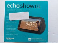 Front of the box displaying 'Echo Show 5' with a 5.5-inch screen image, Amazon branding, and features.