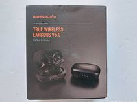 Front of the box showing product name and images of the earbuds and charging case.