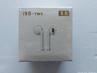 Front view of sealed retail box showing image of earbuds and i9S-TWS branding with 5.0 Bluetooth indication.