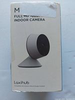 Front view of the Laxihub Full HD 1080P indoor camera box showing the product image and model M.