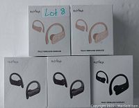 Eight boxes of HolyHigh truly wireless earbuds, two tan and six black, shown in original sealed packaging.