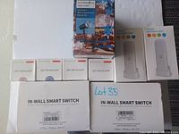 Photo showing four LED headlamp boxes, two in-wall smart switch boxes, one snowflake projection light box, and two LED night light boxes.