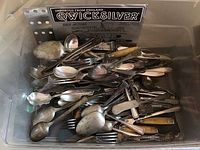 Plastic bin filled with assorted silverplate flatware pieces including spoons, forks, knives, and some with discolored or patterned handles.