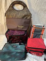 Group photo of five insulated lunch bags showing colors, patterns, and some brand details.