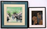 Pair of framed Asian art pieces; left is watercolor with stone bridge, right is block print of two samurai