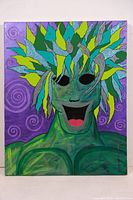 Front view of original oil painting showing abstract face with colorful leaf shapes as hair on purple background.