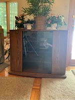 Front view of media console showing glass panel in center and closed doors on sides with plants on top.