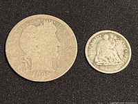 Photo showing obverse sides of the 1895 Barber quarter dollar and 1860 Seated Liberty dime with wear and age marks.