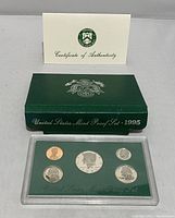 United States Mint Certificate of Authenticity card and original green box for the 1995 proof coin set.