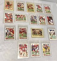 Overview of 16 San Francisco 49ers football cards in protective sleeves, showing front card images of players in action.