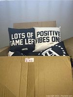 Box containing black and white Barstool Sports pillows with printed text and logos
