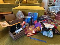 Wide angle photo showing assorted scarves, boxes, and items on green carpet in living room