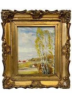 Full front view of the antique oil painting including the ornate gold gilt frame, showing countryside scene with birch trees and houses.