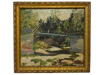 Front view of the antique oil painting showing the scene of a bridge over a river with surrounding foliage and its ornate gold frame.