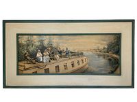 Full framed photogravure print showing river cruise scene with people seated on boat's roof, surrounded by water and tree-lined shore.