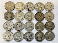 Obverse view of twenty 90% silver Washington quarters, arranged in a grid showing heads with dates ranging from 1939 to 1962.
