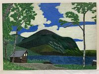 Oil painting on board showing a lakeside scene with mountain, cabin, trees, and sky.
