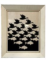 Front view of the vintage tessellation art print showing black flying geese and fish silhouettes against white background in white wooden frame.