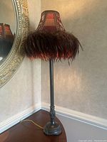 Full view of the lamp showing fabric shade with feather trim and oil rubbed bronze base standing on a wooden surface.