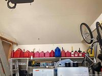 Photo showing 11 plastic gas cans on a shelf, mainly red and pink with one blue can, different sizes and spout styles visible.
