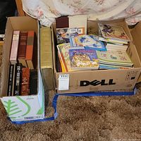 Two boxes filled with various Bibles and children's religious books on a carpeted floor.