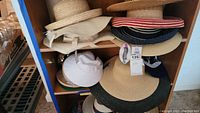 Assorted hats on shelf including straw hats, sun hats, a white baseball cap, striped sun hats, and a green St. Patrick's Day derby hat