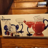 Original packaging box showing 5-piece Bravura set by Libbey with pitcher and 4 margarita glasses.