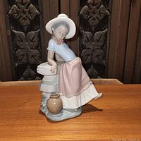 Front and side view of the Lladro figurine depicting a girl in pastel clothing leaning on a stone wall with a ceramic jug at her feet.