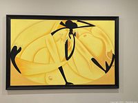 Full view of original acrylic painting with abstract nude figures in yellow and black, in black wooden frame.
