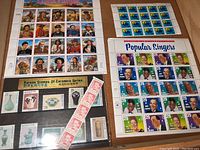 Sheets of stamps featuring Legends of the West, Popular Singers, and Korean Ceramics Series, showing colorful portrait and thematic stamps arranged in sheets.