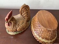 Photo of ceramic rooster figurine with basket lid removed showing the separate parts