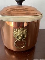 Close-up of copper pot with plastic insert, lion head ring handle, and lid with knob.