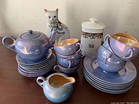 Photo showing the full set including teapot, cups, saucers, creamer, ceramic tea canister, and a hand painted cat figurine.