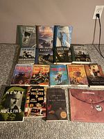 Photo showing 17 books including classics such as The Wonderful Wizard of Oz, Tom Sawyer, Black Beauty, Robin Hood, Anne of Green Gables, several Great Illustrated Classics titles, and adult paperback books.
