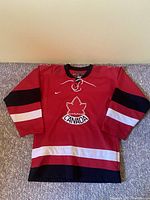 Full front view of red Team Canada hockey jersey with maple leaf logo and stripes on sleeves and hem.