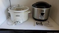 Two kitchen appliances side by side: Rival Crock-Pot slow cooker and Oster steamer/rice cooker with a manual.
