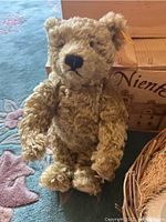 Steiff growling bear plush with curly light brown fur and black nose sitting upright