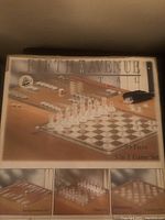 Box front image showing the Five Avenue 95-piece crystal 3-in-1 game set with chess, checkers, and backgammon.
