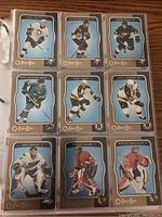 Photo of a page of O-Pee-Chee NHL hockey cards featuring players Ryan Whitney, Colby Armstrong, Jarkko Ruutu, Marc-Edouard Vlasic, Marc Savard, Frank Doyle, Olaf Kolzig, Patrick Lalime, Nikolai Khabibulin.
