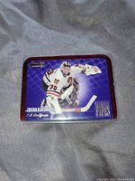 Front view of Ed Belfour hockey insert card showing goalie in gear on purple background.