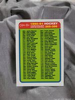Photo of the first checklist card listing players numbered 265 through 396 in the 1990-91 O-Pee-Chee hockey card series. Card has a tri-color design with red, yellow, and green sections for player names.